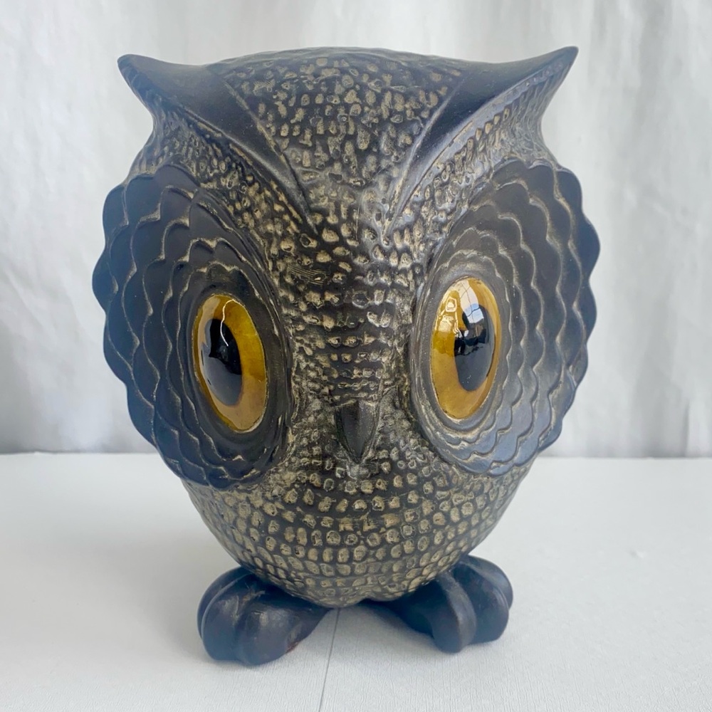 Freeman & McFarlin Potteries California Vintage Ceramic Black Gold Owl Sculpture